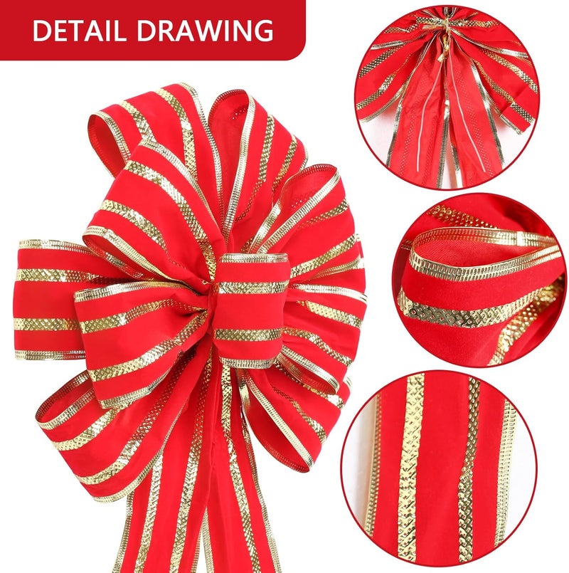 RoseCraft 2PCS Red/Gold Christmas Bow, 9”x13” Large Velvet Christmas Tree Topper Bow Ornaments for Home Xmas Tree Wreath Fence Stairs Railing Fireplace Front Door Party Valentine's Day Decoration. - Image 2